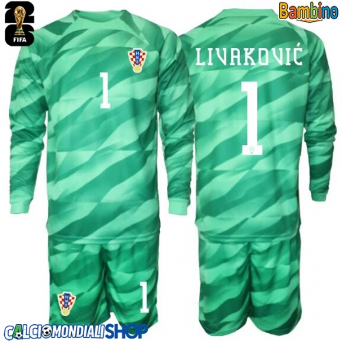 Maglie da calcio Croazia Dominik Livakovic #1 Portiere Seconda Maglia Bambino Mondiali 2026  Manica Lunga + Pantaloni corti)